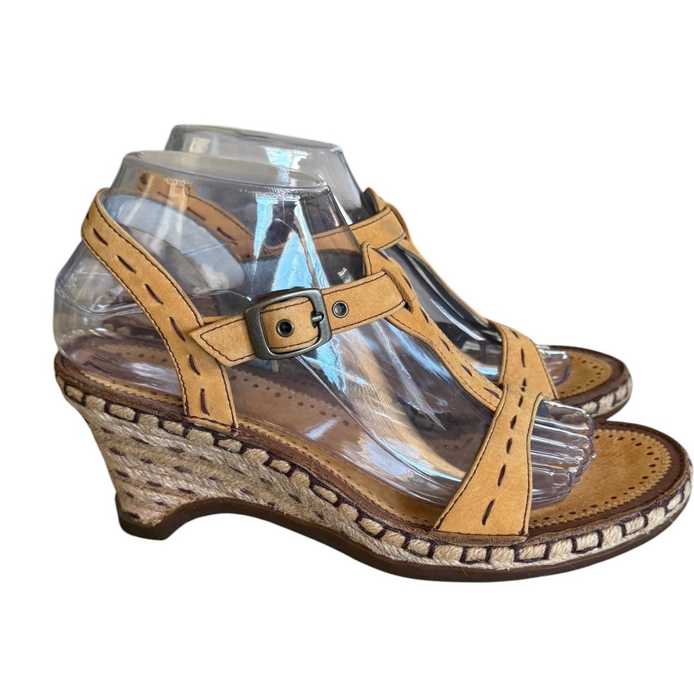 Indigo by Clarks Womens Tan Leather Espadrille Wedge Sandals T-Strap Size 7.5